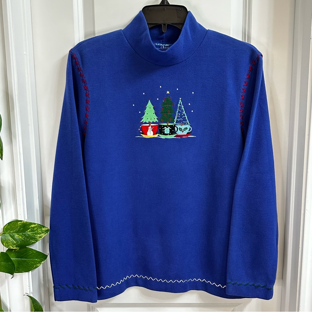 Onque Casuals Women’s Mock-neck Sweater w/Embroidered . Trees in Teacups Sz Sm